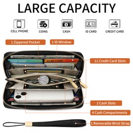 SENDEFN Women's Large Leather Wallet with RFID Protection, Large Capacity Long Purse with Removable Wrist Strap, Midnight Black