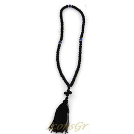 IconsGr Handmade Greek Orthodox Faith Prayer Cord Comboskini 100 Knots with Black Pendant, Nylon, No Gemstone