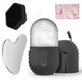 Juego de compresión facial de tres piezas con rodillo de almacenamiento, bandeja de hielo de silicona, tablero gua sha de acero inoxidable y cepillo facial. Exquisito juego de caja de regalo, adecuado para regalar, Día de San Valentín, Navidad, Día de la