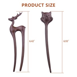 2PCS Deer Wooden Hair Stick For Buns, Handmade Carved Sandalwood Hair Sticks Hair Fork for Women, Animal Hair Stick Hair Pins for Long Hair