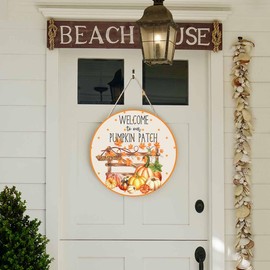 Beabes Welcome Porch Wood Sign Happy Farm Pumpkin Patch Round Hanging Plaque Sign for Porch Yard, Housewarming Present, 12x12inch