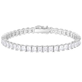KRKC & CO Tennis Bracelet, 925 Silver, Princess Cut Square Zirconia, 0.09 inch (2/3/4 mm), Women's Bracelet, 14K Gold/White Gold Plated, 4 Prong CZ Diamond, Sparkling Jewelry, Bling Gift Box Included,