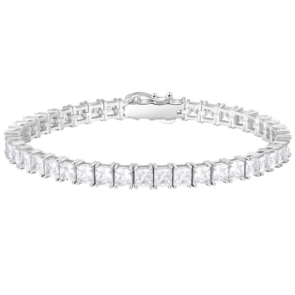 KRKC & CO Tennis Bracelet, 925 Silver, Princess Cut Square