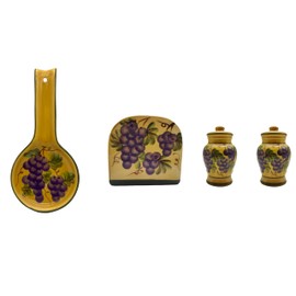 ACK Hand Painted Ceramic Tuscany Sonoma Grape Table Top Set, Pepper and Salt Shakers,Napkin Holder and Spoon Rest, Kitchen Décor