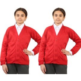 Bahob® 2 Pack Girls School Cardigan Fleece Sweatshirt Uniform Schoolwear Shirts Crew Long Sleeve TOP Pullover Jumper Round/V- Neck Age 2-14 Years (Red, 5-6 Years)
