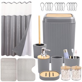 Grey Bathroom Accessories Set 23PC Complete, Waffle Shower Curtain with Liner, Bath Mat, Toilet Rug, Trash Can, Toilet Brush, Soap Dispenser, Toothbrush Holder, Tumbler, Soap Dish, Swab Jars
