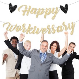 FHGG Pre-Strung Happy Work Anniversary Decorations Banner Gold Glitter Workiversary Sign for Work Party Office Party Theme NO DIY