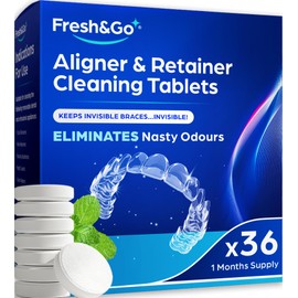 Fresh & Go Fresh & Go? Retainer Cleaning Tablets | Fresh, Mint, Clean, Brite, Stain-Free | Eliminates Odour | Suitable for Dentures, Mouth Guards, Retainers, Aligners | 1 Month Supply | 36 Tablets