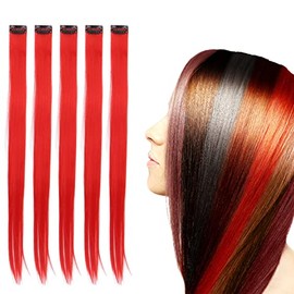 ZJchao 5 Extensiones de Cabello Liso de Colores con Clip en Postizo, Mechas de Cabello Clip de Color en Extensiones de Cabello Postizos Largos (rojo)