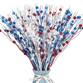 20Pcs Patriotic Glitter Berries Stems 15.7" Artificial Berry Stems White Blue and Red Branches Winter Picks Glitter Berry Sprays Curly Twigs for 4th of July Independence Day Decorations (Mixed)
