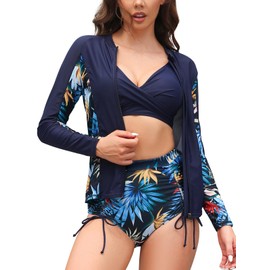 SHEKINI 3-Piece Rash Guard Swimsuits for Women Ladies Swimming Costumes UPF 50+ Bikini Top & High Waist Bikini Bottom Zip Up Modest Swimwear Bathing Suit Floral Soft Surf Suit