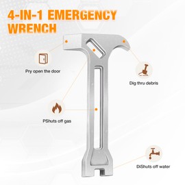 4-in-1 Emergency Tool – Gas & Water Shut Off Wrench, Non-Sparking Pry Bar, Earthquake Survival – Firefighter-Designed, Heavy-Duty Alloy (Silver)