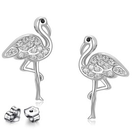 Cute CZ Flamingo S925 Sterling Silver Christmas Small Stud Earrings for Women Sensitive Ear Cartilage Fashion Dainty Minimalist Crystal Animal Sleeper Huggie Studs Hypoallergenic Piercing Post Jewelry Gifts Bff Daughter (Silver)