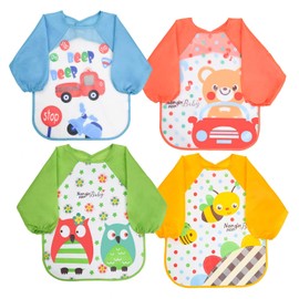 Vicloon Bibs with Sleeves, 4 Pcs EVA Baby Bib Waterproof Long Sleeve Bib Unisex Feeding Bibs Apron Lovely Cute Cartoon Bibs for Infant Toddler 6 Months to 3 Years Old