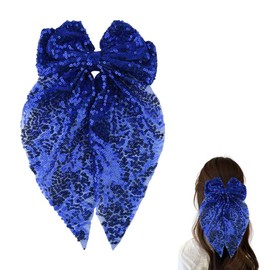 Big Navy Blue Glitter Hair Bow Clip for Women Girls Sequin Hair Accessories for Girls Teenagers Bowknot Hair Clips for Party Prom Bow Barrette Clips Y2k Cute Bowknot Hairpin with Long Tail