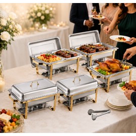8QT Stainless Steel Chafing Dish Set for Buffets – Gold Folding Food Warmer with Full-Size & Half-Size Pans