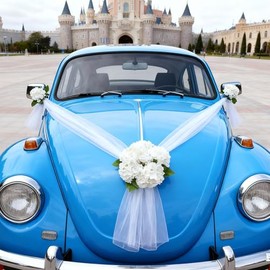 Decoración de coche de boda con cintas de satén blanco y flores artificiales, decoración de vehículo recién casado para despedida de soltera, ceremonia de boda