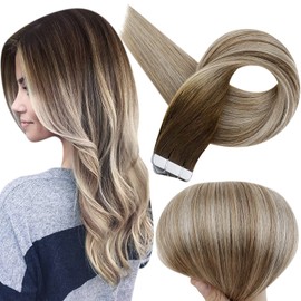 Full Shine Tape in Extensions Balayage Color 3 Darker Brown Fading to 8 Ash Brown Highlights 22 Blonde 16 Inch Tape ins Hair Extensions Human Hair 50 Gram Glue on Hair