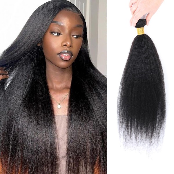 Yaki Straight Human Hair Bundles, Kinky Straight Hair, 1 Bundle, 26 Inches, 10A Grade Unprocessed Brazilian Vingin Remy Human Hair Weave Extensions for Black Women, Natural Colour
