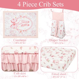 HNHUAMING 4-Piece Crib Bedding Set for Girls Boys, Baby Crib Bedding Set for Newborn & Infant, Neutral Nursery Bed Set Includes Comforter, Fitted Sheet, Crib Skirt, and Diaper Stacker