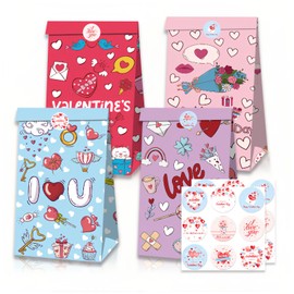 Long Keeper Valentines Gift Bags - 12 PCS Valentine Treat Bags With 18 Stickers for Wedding Anniversary Birthday Party Favors Gift Exchange for Women Men Kids (Style 3-1 Count (Pack of 12))