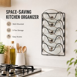 5-Tier Wall Mounted Pot Lid Organizer – Space-Saving Kitchen Storage Rack for Pot Lids, Cutting Boards & Cookware