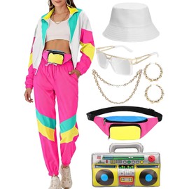 VillbeCoser Conjunto de Disfraz Retro 80/90: Chaqueta Windbreaker y Fanny Pack Neon