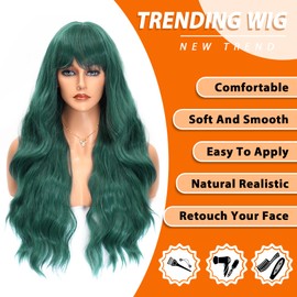Green Wig Dark Green Wig with Bangs Green Hair Wigs for Women Heat Resistant Synthetic Wig Colored Wigs for Daily Cosplay Party Use 26 Inch