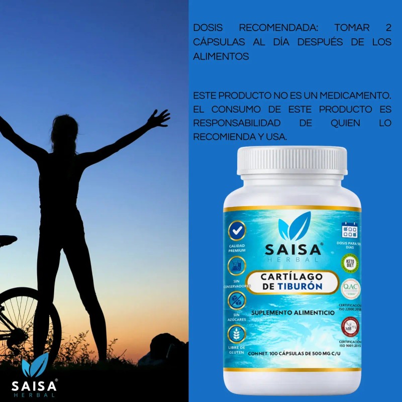 Cartílago Tiburón Suplemento Alimenticio 100 Puro Cápsulas 500 Saisa Herbal
