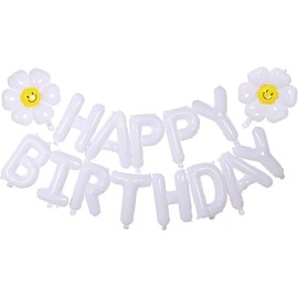 White Happy Birthday Balloons Banner, 3D Mylar Foil Letter Birthday Balloons with 2pcs Daisy Balloons, Birthday Party Decorations for Kids Girls Women Adults Baby Shower Birthday Party Supplies