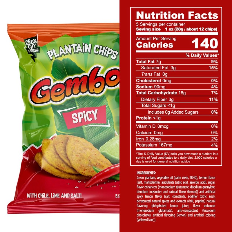 Gembos Plantain Chips - Spicy Chile Lime & Salt Flavor,