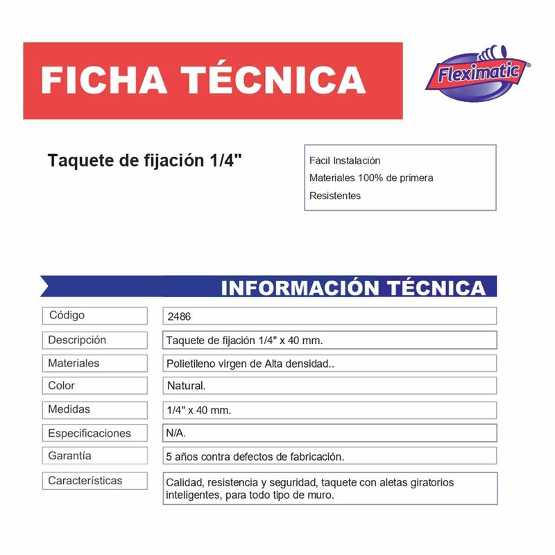 Taquete Blanco De Sujecion 1/4 Alta Densidad Bolsa 100 Pzs