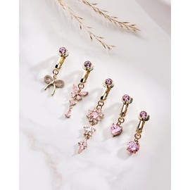 BSJ4U Fake Faux Belly Button Piercing for Women Gold Plated Pink CZ Clip on Belly Button Rings Hearts Butterfly Flower Bow Non Piercing Belly Ring