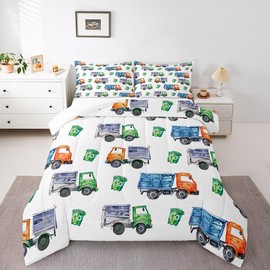 Juego de edredón de camión de basura de dibujos animados para niños y niñas, juego de ropa de cama de vehículo verde, juego de ropa de cama de coche, clasificación de basura, camión impreso, 2 piezas,