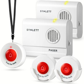 SYNLETT Caregiver Pager Wireless Nurse Call Button for Elderly Home Monitoring Alert System Portable Alarm Bell Seniors Patients Emergency 3 Call Buttons, 2 Pagers