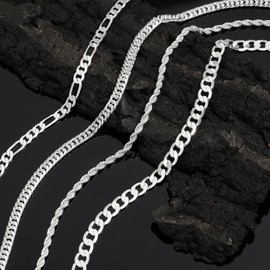 UILZ Solid 925 Sterling Silver Necklace 4pcs Silver Necklace Set with Silver Rope Figaro Cuban Link Chain 16/18/20/22 Inch Men Jewelry Gifts for Dad Husband