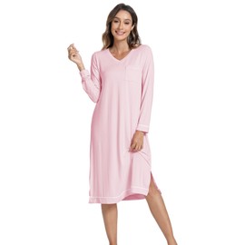 GYS Bamboo Viscose Soft Women's Nightgowns Comfy Long Sleeve V Neck Sleep Dress, Pink, Medium