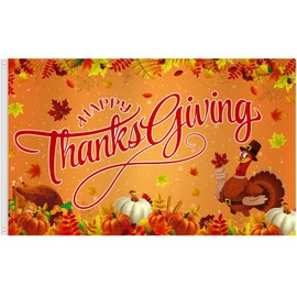 Arosche Thanksgiving Flag 3x5 Ft Double Printed Happy Thanksgiving Orange Turkey Pumpkins Leaf Backdrop Hanging Outdoor Flag Party Supplies for Indoor Outdoor Garden,Lawn,Yard, Parade Decor