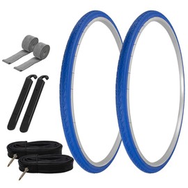PRO+ Pair of Bicycle TIRE 700 X 28 Blue/Blue SIDEWALL (2) Tires W/Tubes 48MM Presta Valve, Rim Strips & TIRE LEVERS G-5013