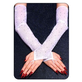 CASDRE Sparkly Rhinestone Long Mesh Gloves Fingerless Elbow Length Arm Sleeves Prom Costume Glove for Women (White, One Size)
