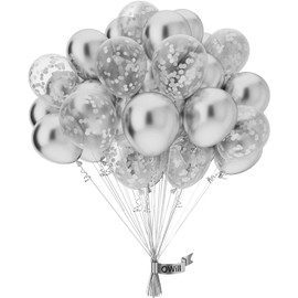 OWill Silver and Confetti Balloons,50 pcs 10 Inch Silver and Confetti Balloons, Silver and Confetti Balloons Latex Balloons for Wedding, Birthday,Party Decorations