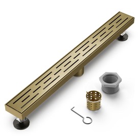 Brushed Titanium Gold Shower Drain 24 Inch, 304 Stainless Steel Linear Shower Drain with Removable Brick Pattern Grate - Adjustable Rectangular Shower Floor Drain with Hair Strainer, Linear Drain