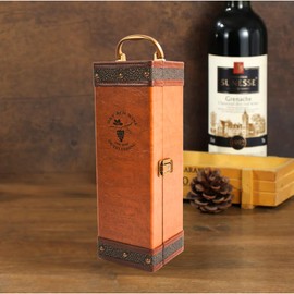 Decorative Wine Box with 4 Accessory, Handmade Premium Wine Storage Carrying Case with Top Brass Handle, Chic Presentation for Wine Bottles, Perfect for Wine Lovers (Tan-Single Bottle)