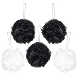 BRUBAKER Cosmetics - Premium Bath & Shower Sponge - Exfoliating Body Pouf - with String for Hanging - 5 Pack - Black/White