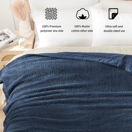 JOOJA Throw Blanket for Couch Bed Soft Blanket Muslin Cotton Blanket Reversible Knit Blanket for Couch Muslin Blanket for Adults Navy Blue 50"x70"