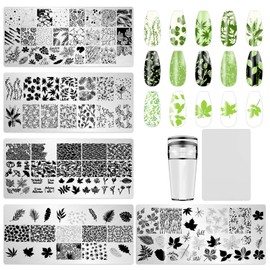 JCAKES 5Pcs Maple Leaf Nail Stamp Fall Nail Stamping Plates Nail Art Stamping Plates Nail Design Stamp Nail Art Template Acrylic Nail Tools with Nail Stamper, Scraper