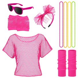 Women's 80s Outfit, 90s Outfit, 80s Accessories with Mesh Shirt, Leg Warmers, Mesh Gloves, Headband and Neon Glasses, Retro Neon Pink, Fancy Dress Party, Carnival