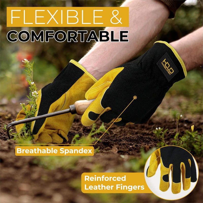 HANDLANDY Work Gloves Men Women Gardening Gloves Cowhide Leather Safety