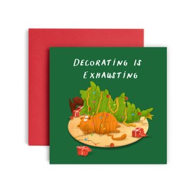 Huxters Christmas Cards for Women Men – Cat in Tree Exhausted Happy Christmas Card for him and her – Dad Mum Brother Sister Auntie Uncle Daughter holiday card - 14.8cm