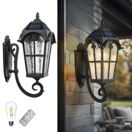 Emliviar Exterior LED Solar Wall Sconce with Remote Control, 24'' Front Door Wall Lantern with Water Grain Glass Shade, Waterproof Solar Black Wall Light with Water Grain Glass Shade, YXE302MB-SL BK